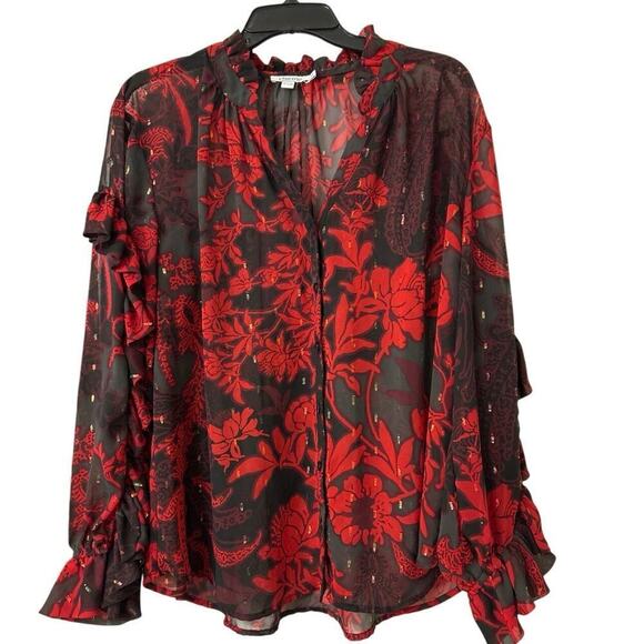 CHICO’S Sheer Floral Ruffle Button Down Chiffon Blouse Size 18 (3.5) Whimsigoth - Picture 3 of 12